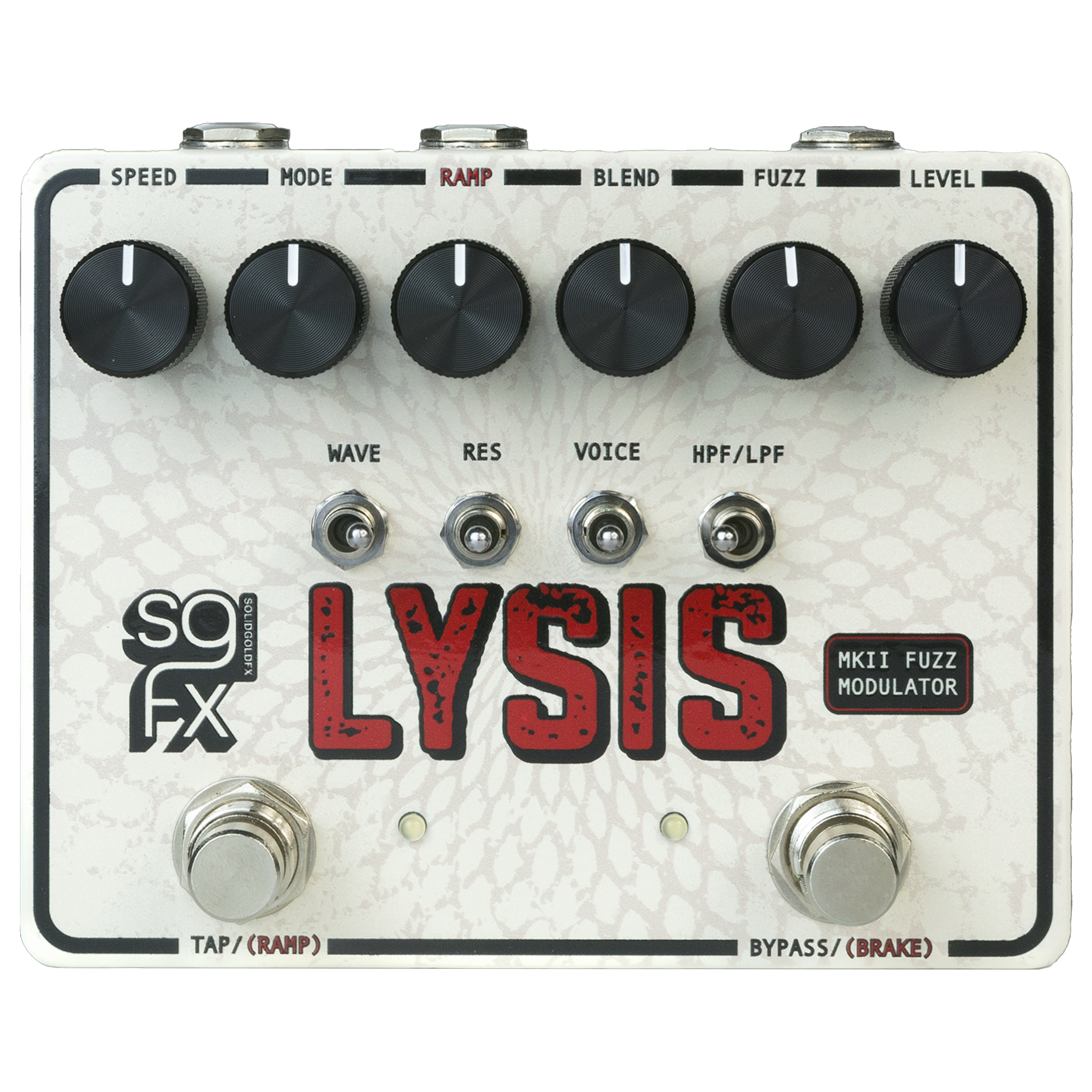 White effects pedal with six black knobs, four toggle switches, two footswitches and red "LYSIS" text on front.