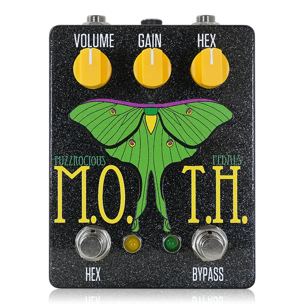 Black guitar effects pedal with yellow knobs, moth graphic, and labeled controls for volume, gain, and hex.