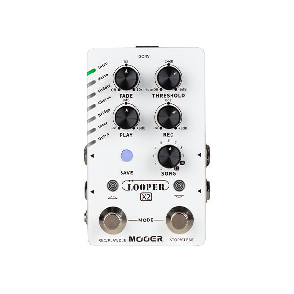 White stereo looper pedal with four knobs, two footswitches, and multiple 1/4 inch jacks.