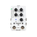 White stereo looper pedal with four knobs, two footswitches, and multiple 1/4 inch jacks.