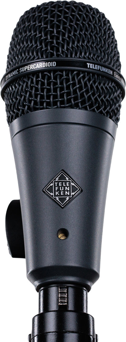 Black TELEFUNKEN dynamic supercardioid microphone with metal mesh grille and rotary knob on the side.