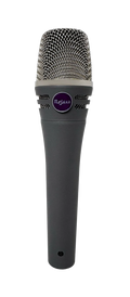 Front view of a gray microphone with a metal mesh grille and a purple Mojave logo badge.