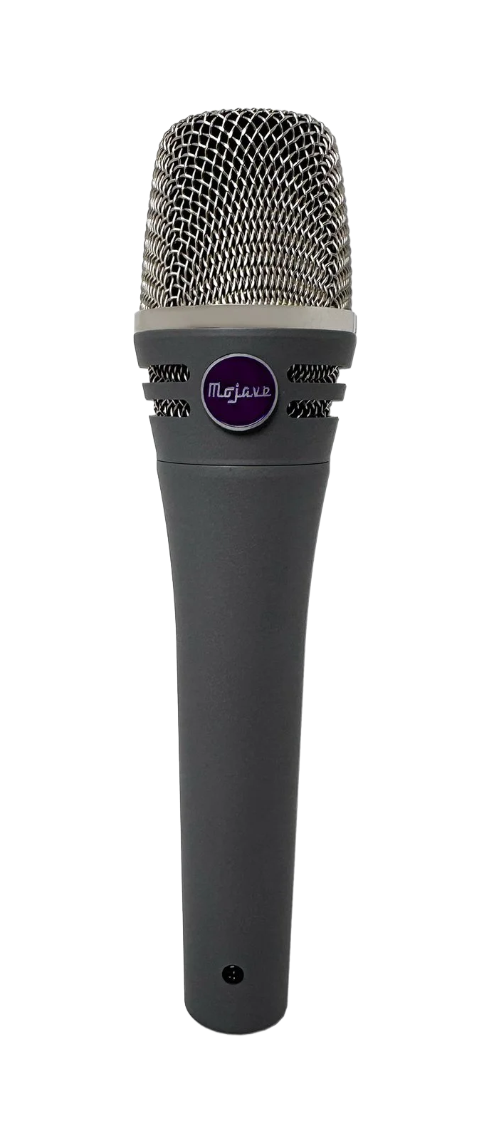 Front view of a gray microphone with a metal mesh grille and a purple Mojave logo badge.