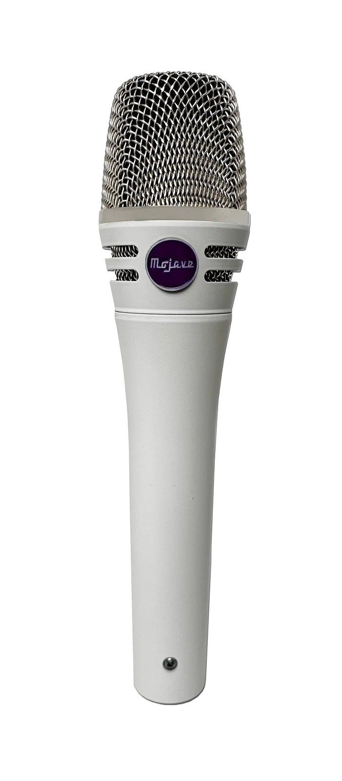 White handheld microphone with silver mesh grille and a purple logo reading Mojave on the front.