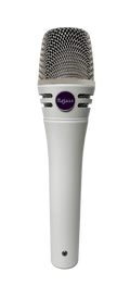 White handheld microphone with silver mesh grille and a purple logo reading Mojave on the front.