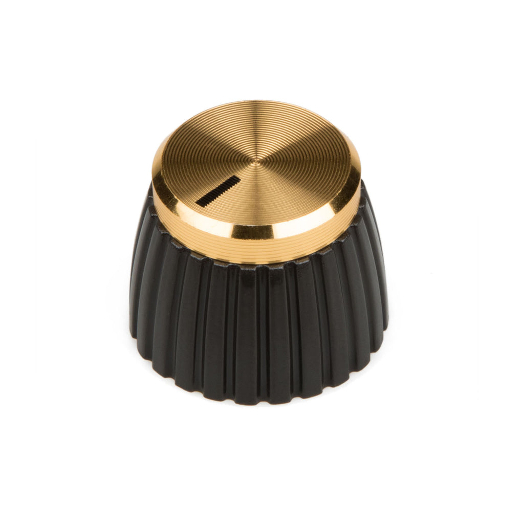 Black and gold ridged control knob with a gold top featuring a black indicator line.