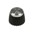 A black and silver rotary knob with ridged sides and a silver top with a pointer marker.