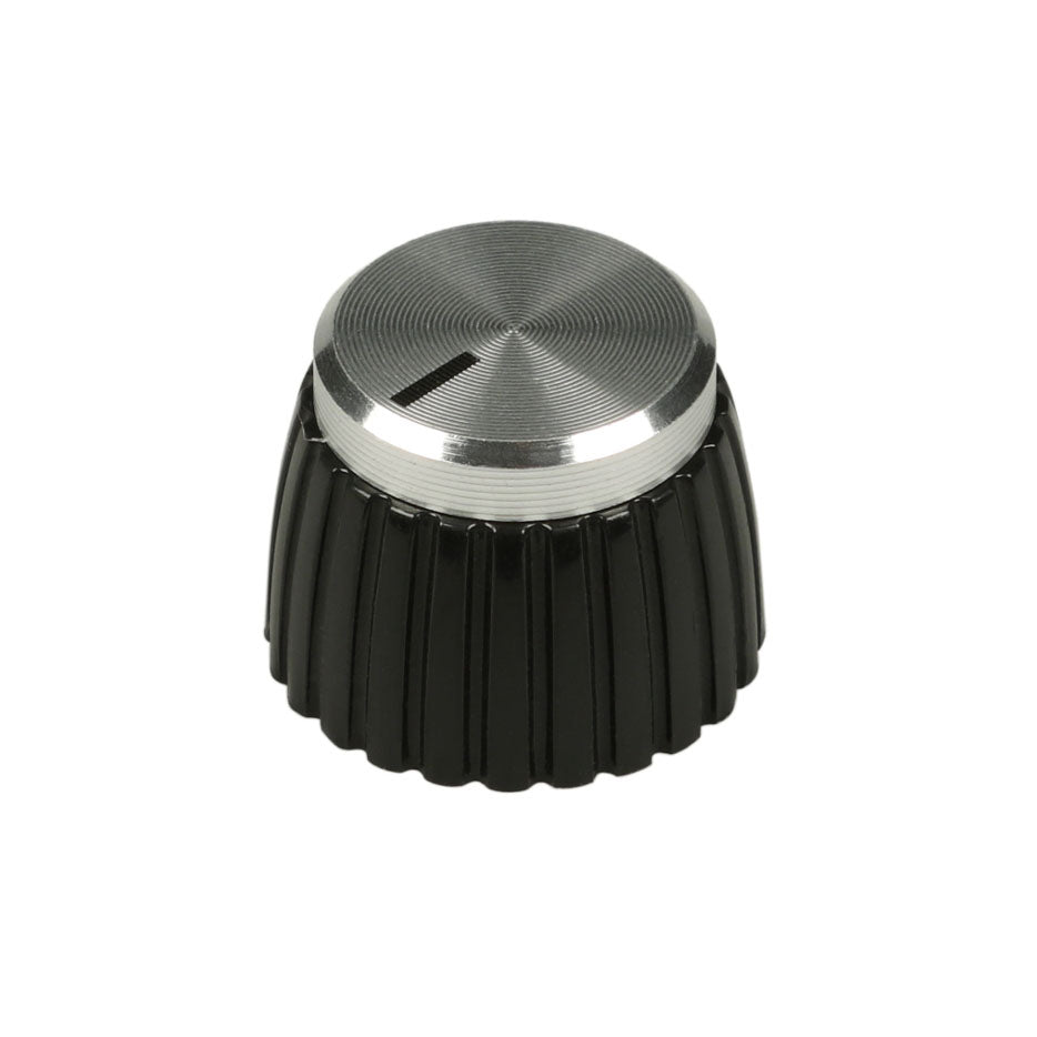 A black and silver rotary knob with ridged sides and a silver top with a pointer marker.