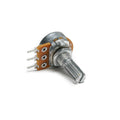 Metal rotary shaft potentiometer with 3 solder lugs and a knurled shaft on a white background.