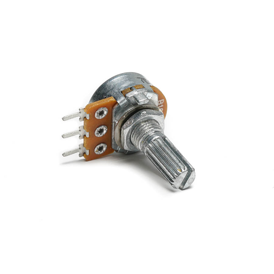 Metal rotary shaft potentiometer with 3 solder lugs and a knurled shaft on a white background.