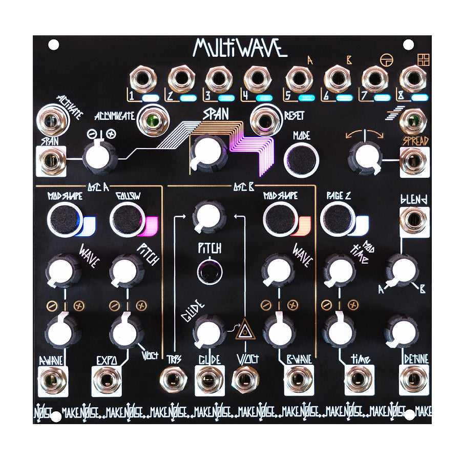Black eurorack module with multiple knobs, toggle switch, and 1/8 inch jacks labeled MultiWAVE