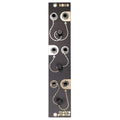 Black modular synth panel with six jack sockets and three control knobs labeled XOXO makrophonie.