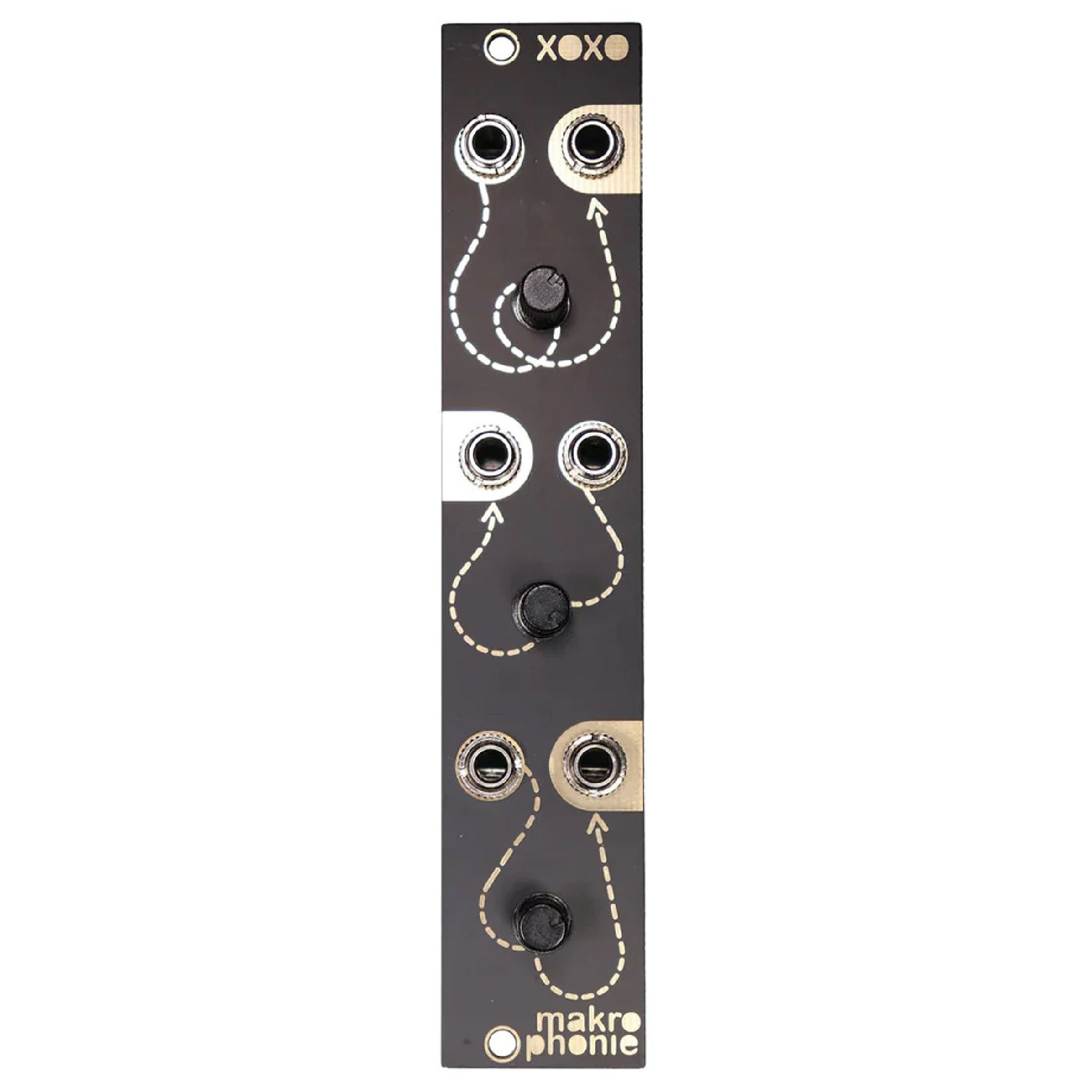 Black modular synth panel with six jack sockets and three control knobs labeled XOXO makrophonie.