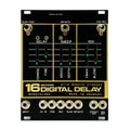 Black and gold digital delay eurorack module with toggle switches, sliders, and multiple 3.5mm jacks.