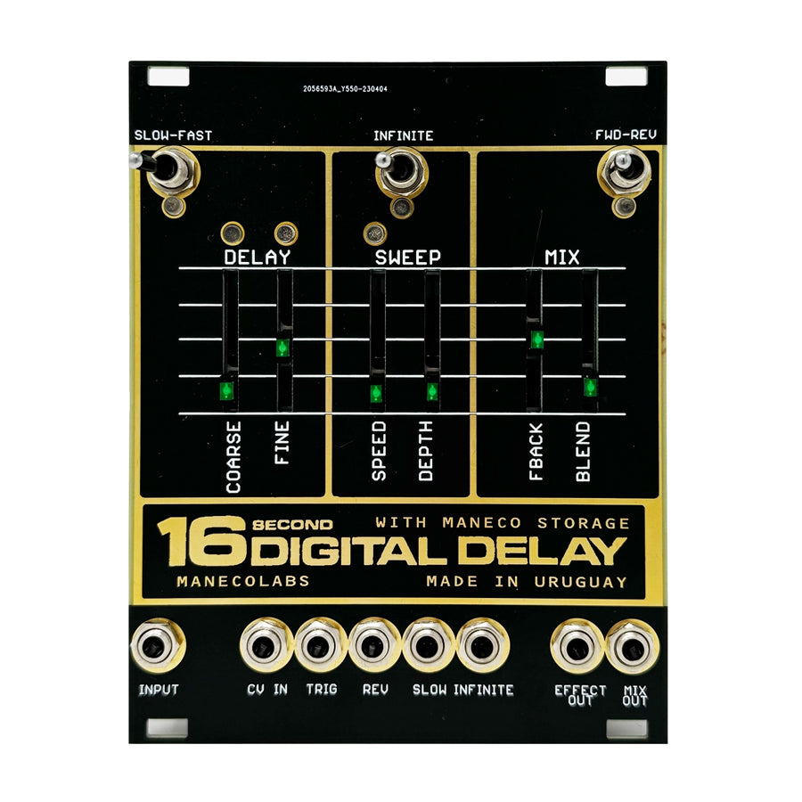 Black and gold digital delay eurorack module with toggle switches, sliders, and multiple 3.5mm jacks.