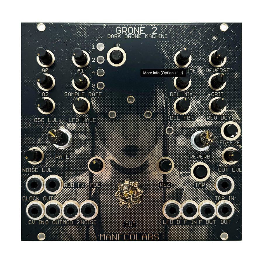 Black Maneco Labs Grone 2 eurorack module with various knobs and patch jacks on its front panel.