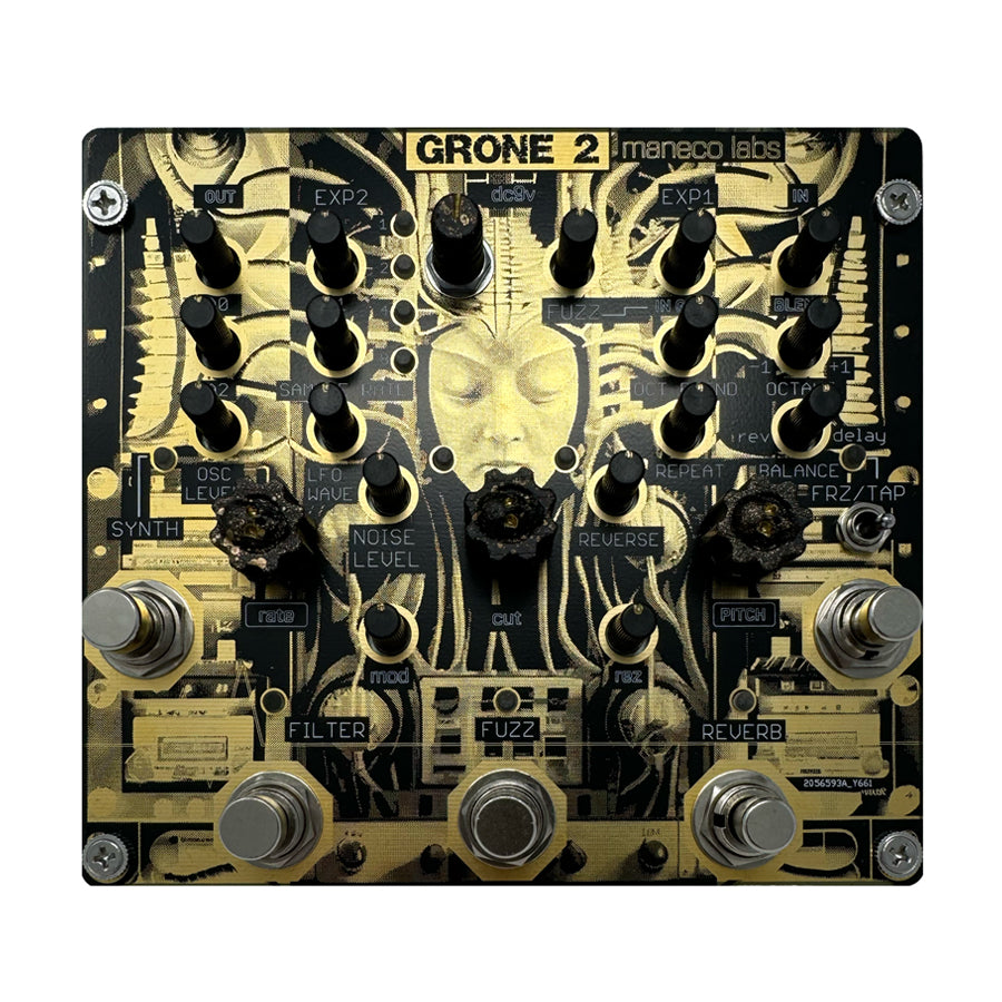 Black and gold audio pedal with multiple knobs, footswitches, and toggle switch labeled Grone 2 by maneco labs.