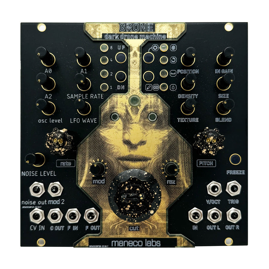 Black and gold Maneco Labs Grone Drone eurorack module with multiple knobs and audio jack connectors.