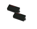 Two black rectangular guitar pickups with red text and wire leads, placed on a white background.