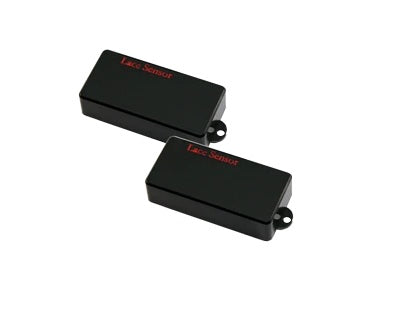 Two black rectangular guitar pickups with red text and wire leads, placed on a white background.