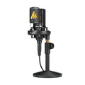 Black microphone with pop filter and shock mount on a desk stand with cable connector attached