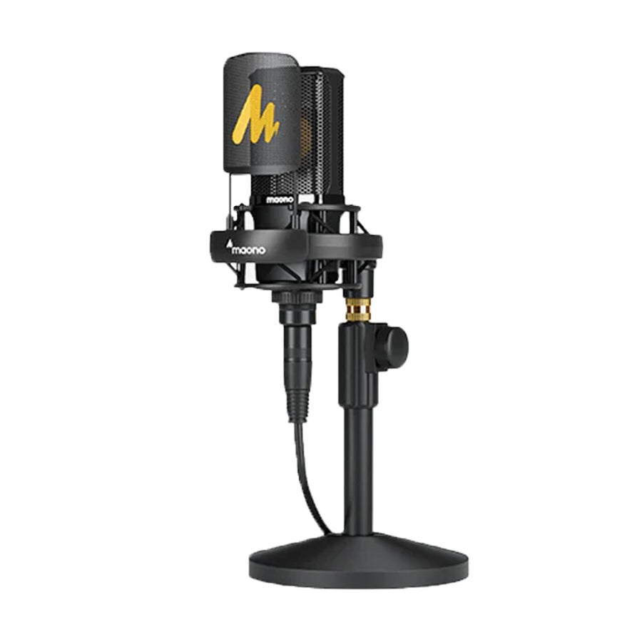 Black microphone with pop filter and shock mount on a desk stand with cable connector attached
