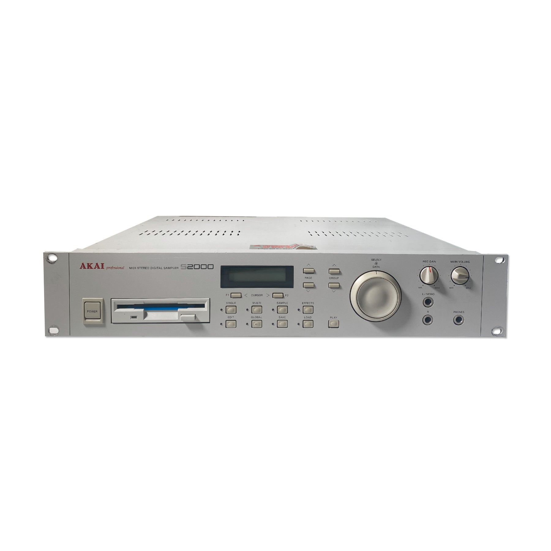 Front view of a gray rackmount digital sampler with buttons, screen, knobs, and audio jacks.