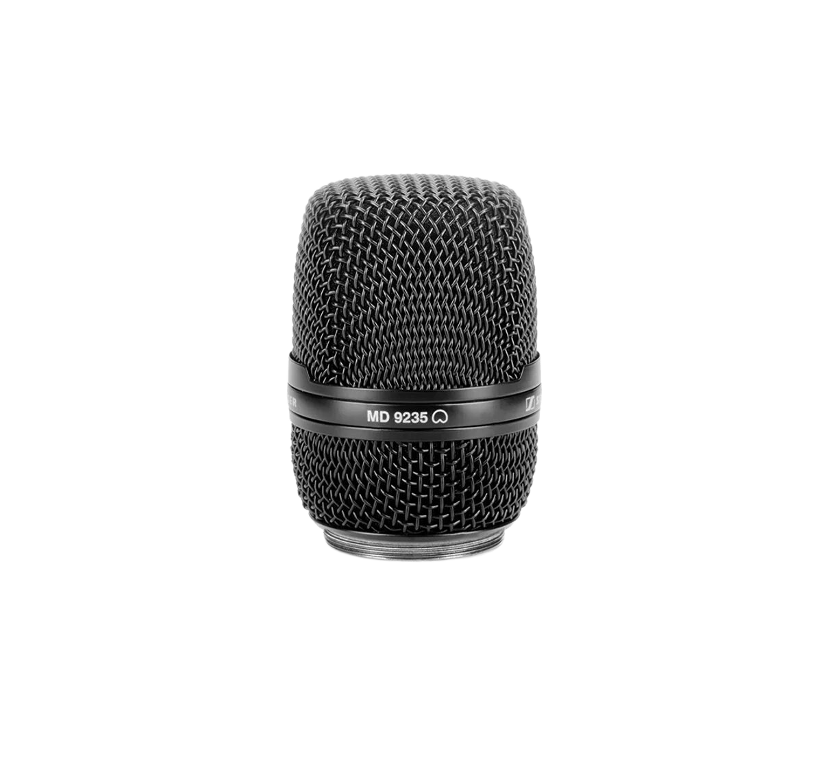 Black metal microphone grille head with threaded base and model marking MD 9235 on a white background.