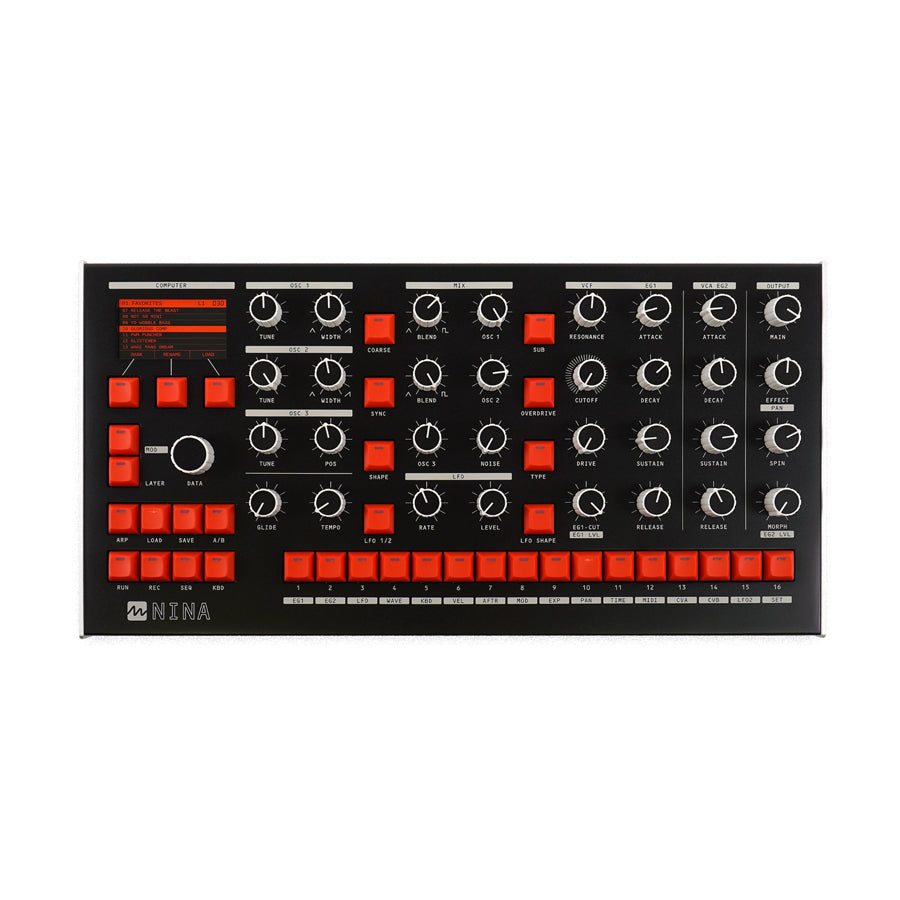 Black synthesizer with red buttons, knobs, and a small screen displaying settings on the left side.