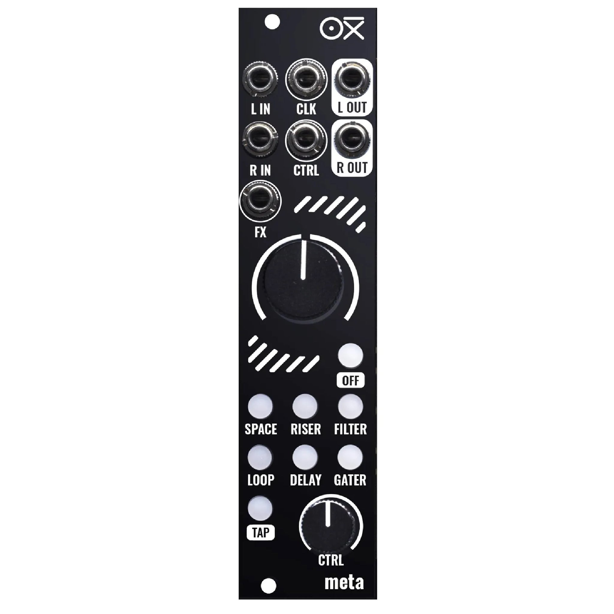 Front view of a black Eurorack effects module with multiple 3.5mm jacks, knobs, and buttons labeled with effects names.