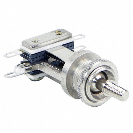 Close-up of a metal toggle switch with tab terminals and a threaded rotary shaft.