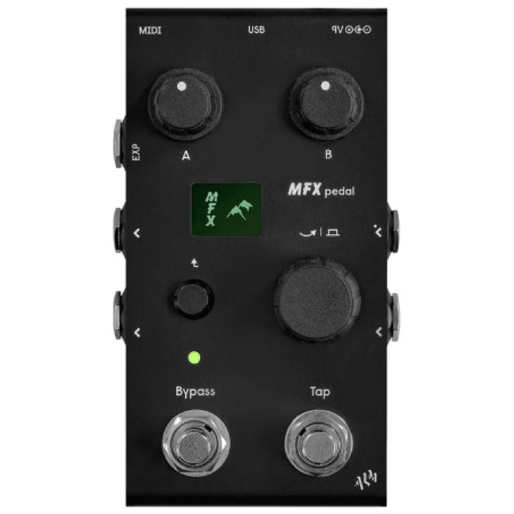 Black multi-effects pedal with multiple knobs, buttons, footswitches, a small display, and labeled connectors including MIDI and USB.