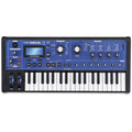 Blue and black compact synthesizer keyboard with labeled control knobs and MIDI port.