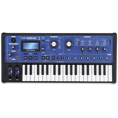 Blue and black compact synthesizer keyboard with labeled control knobs and MIDI port.