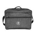 Gray fabric carrying case with front zippered pocket and a small handle on top.