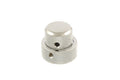 Close-up of a small silver metal rotary knob with textured grip and two visible set screws.