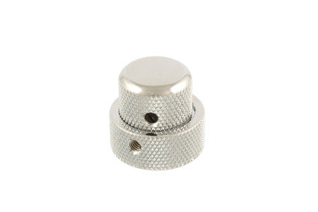 Close-up of a small silver metal rotary knob with textured grip and two visible set screws.