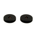 Two black circular metal rotary knobs with textured edges shown on white background.
