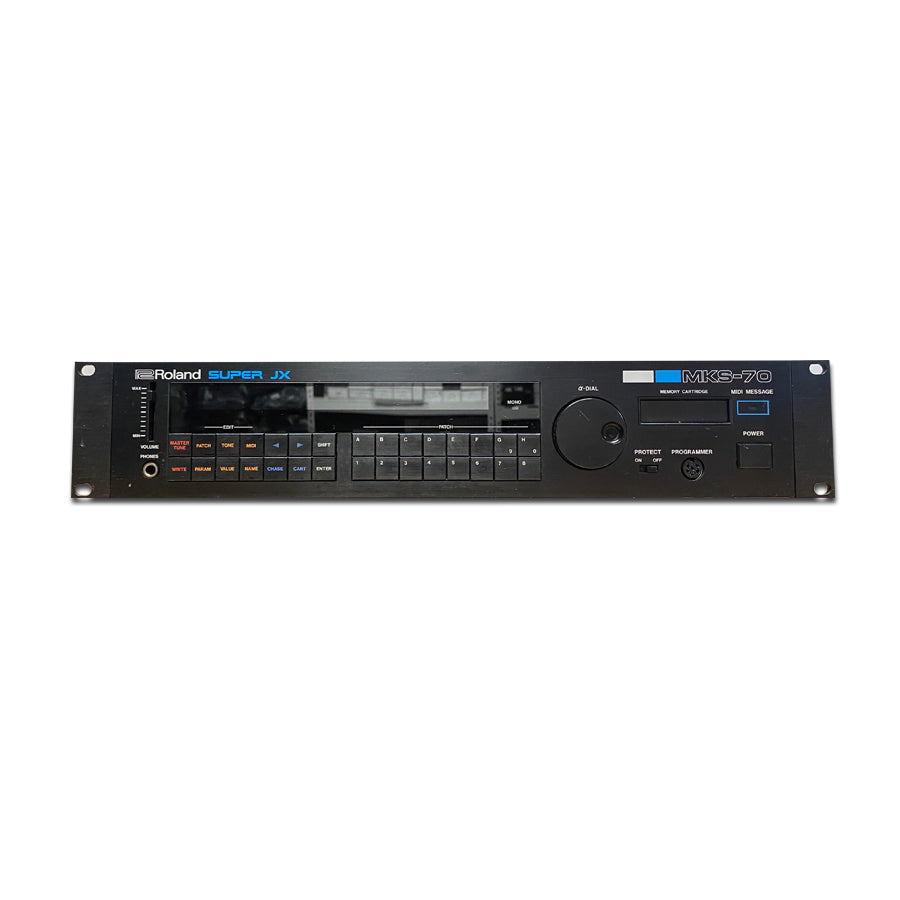 Front view of a Roland Super JX MKS-70 synthesizer module with buttons, display, dial, and connectors.