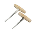 Two metal reamer tools with wooden T-shaped handles on a white background.
