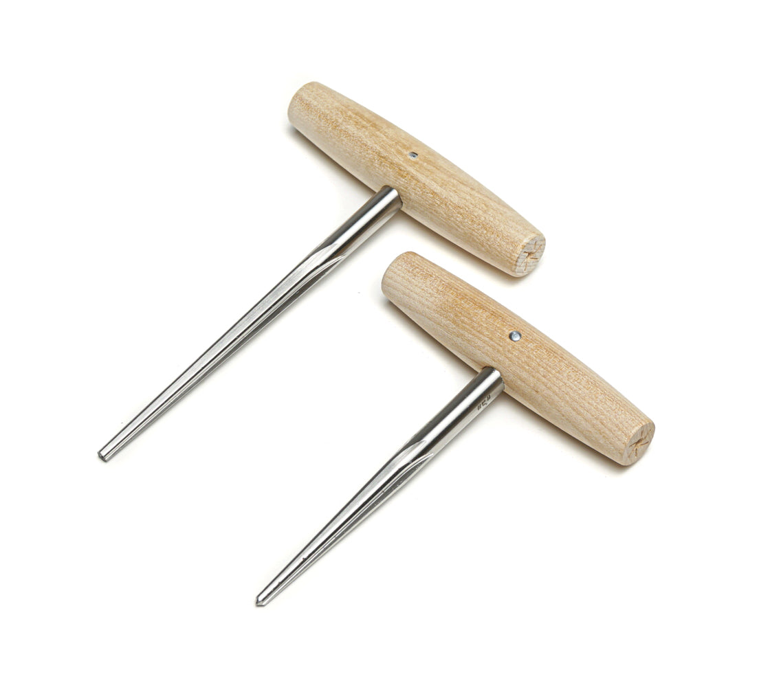Two metal reamer tools with wooden T-shaped handles on a white background.