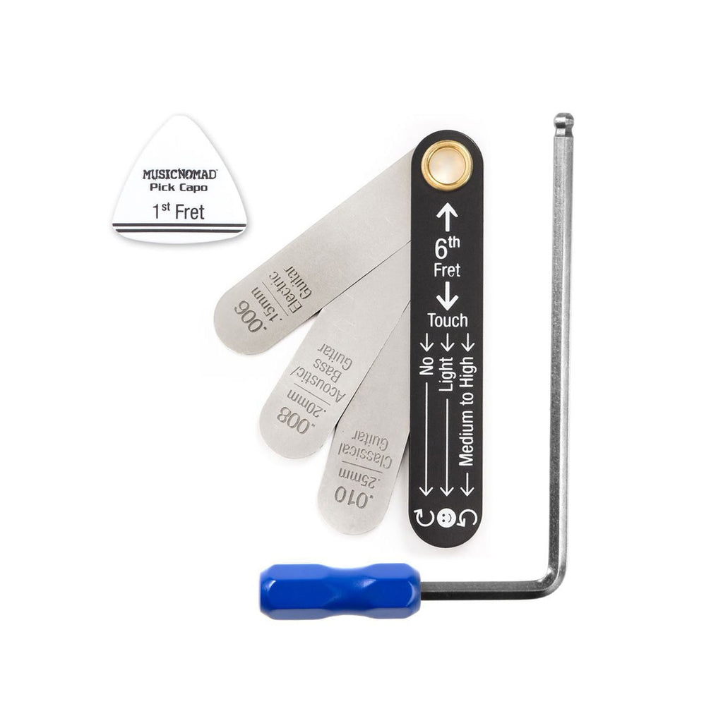 A guitar pick, a set of feeler gauges with a scale, and a hex key wrench with a blue handle.