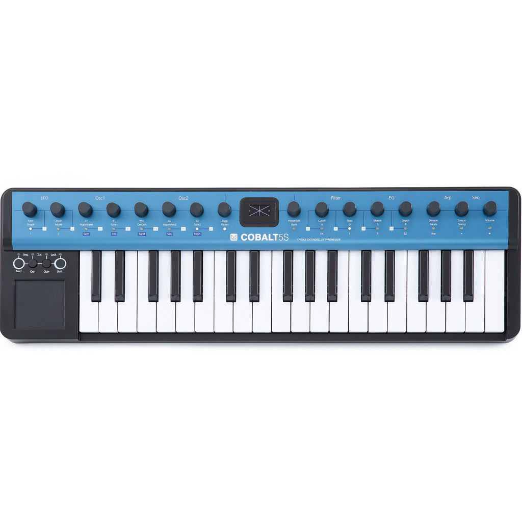 37-key keyboard synthesizer with blue control panel, multiple knobs, and a small screen in the center above the keys.