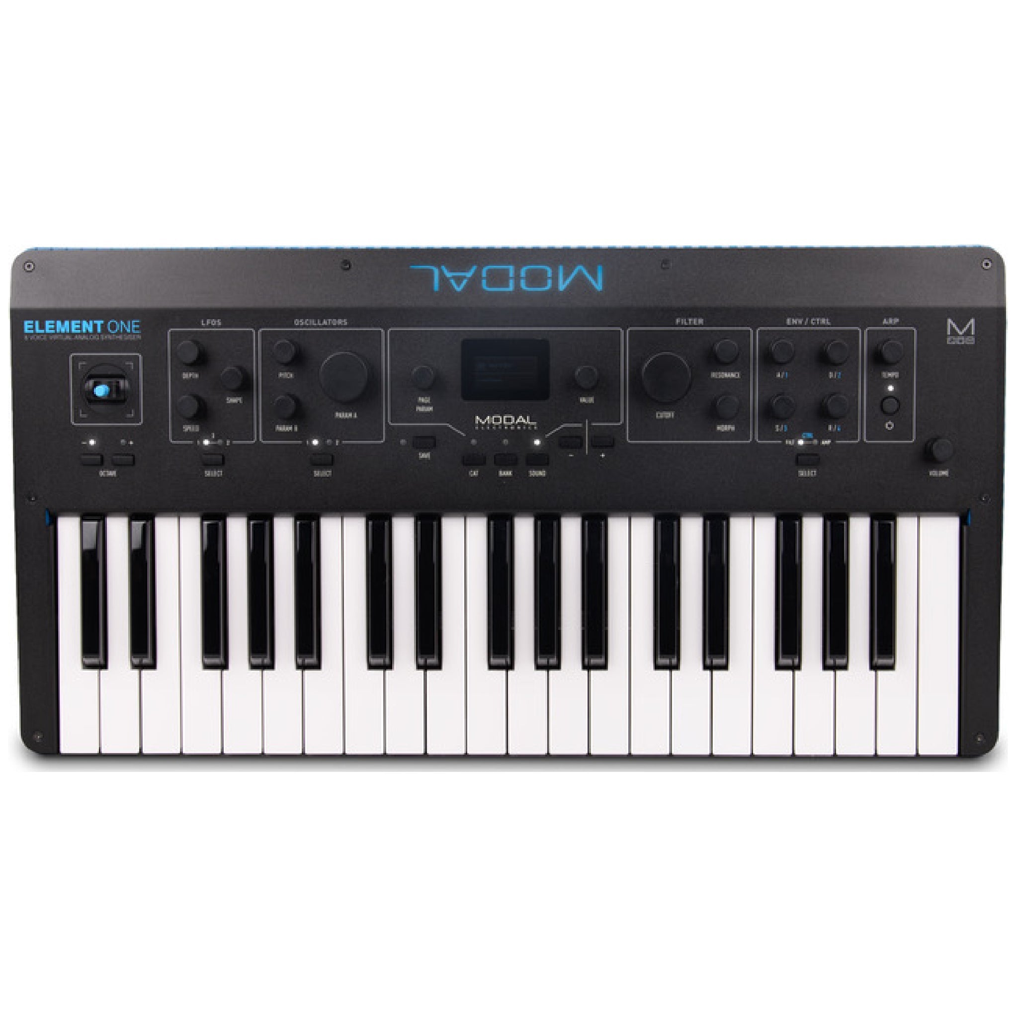 Black and white synthesizer keyboard with multiple control knobs, buttons, and a joystick on the panel.