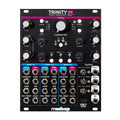 Black eurorack module with controls, multiple jacks, and a USB-C MIDI port labeled Trinity 2.0 digital drum synth array.