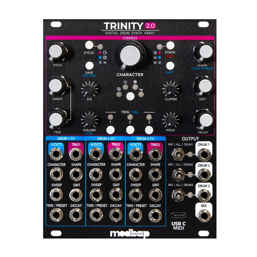 Black eurorack module with controls, multiple jacks, and a USB-C MIDI port labeled Trinity 2.0 digital drum synth array.