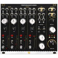 Front view of a black audio performance mixer module with multiple knobs, faders, toggle switches, and 1/4 inch jacks.