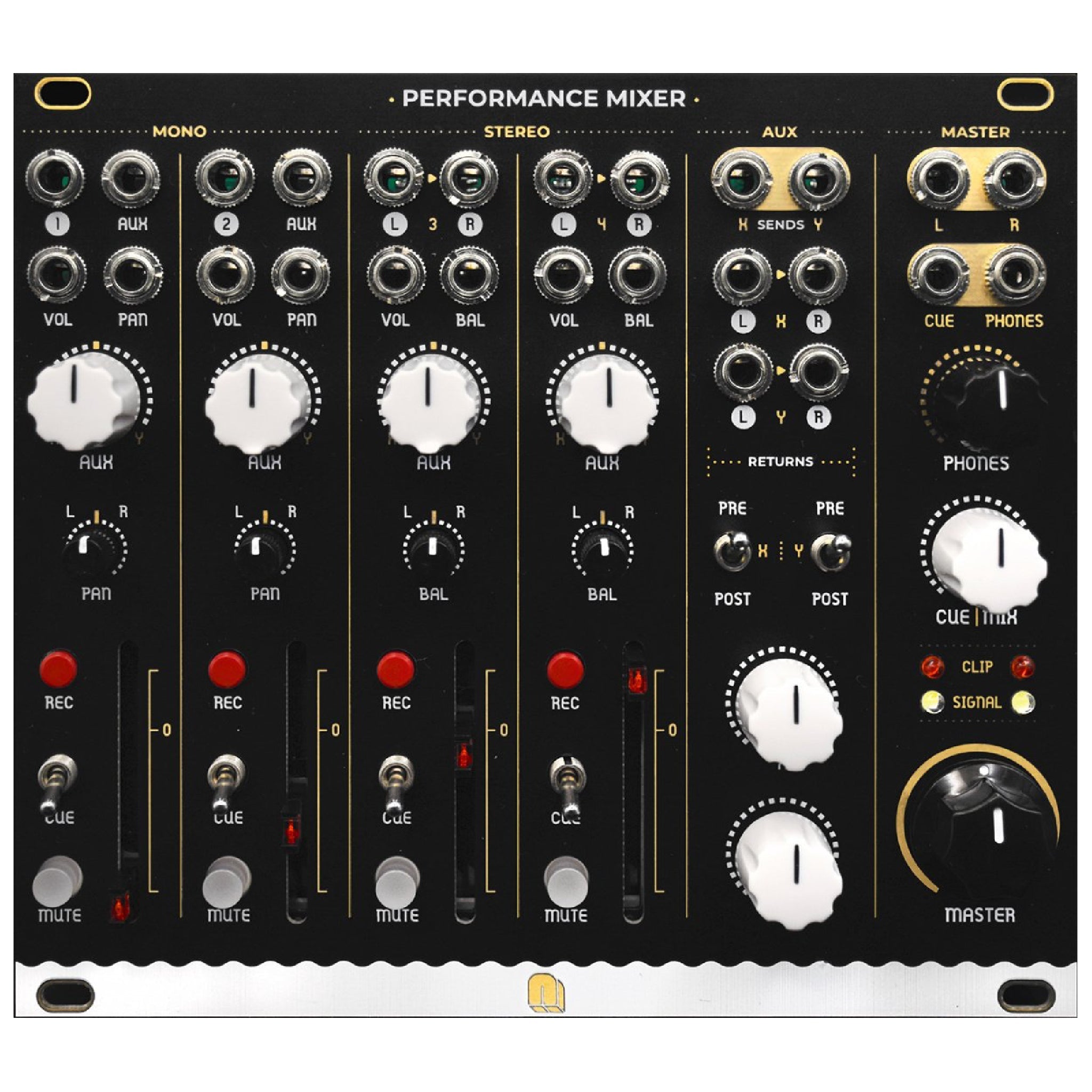 Front view of a black audio performance mixer module with multiple knobs, faders, toggle switches, and 1/4 inch jacks.