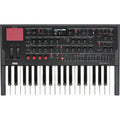 Black synthesizer keyboard with 37 keys, multiple control knobs, buttons, pitch/mod wheels, and a small screen.
