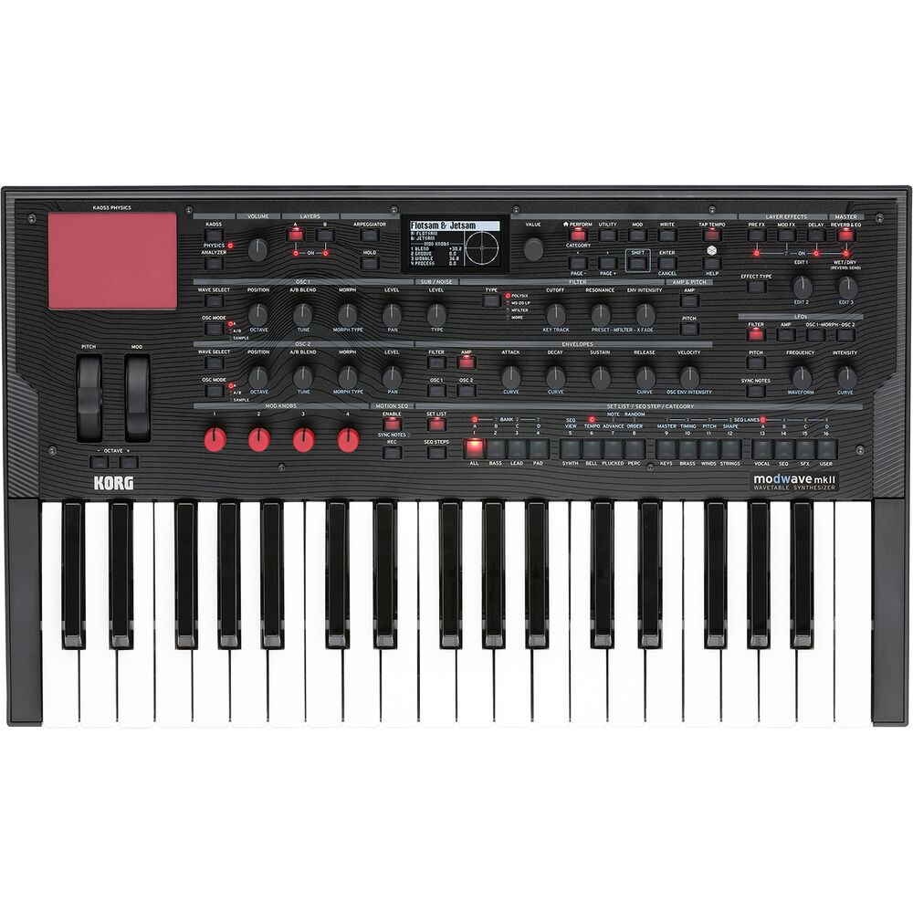Black synthesizer keyboard with 37 keys, multiple control knobs, buttons, pitch/mod wheels, and a small screen.